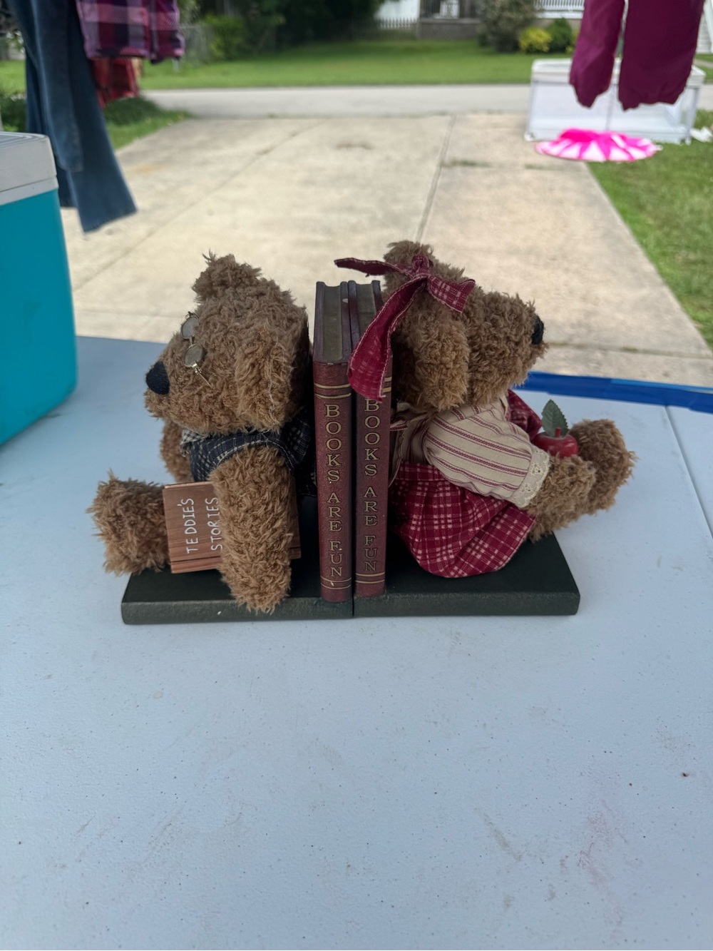 Teddy Bear Bookends Pair with Red Plaid Dress